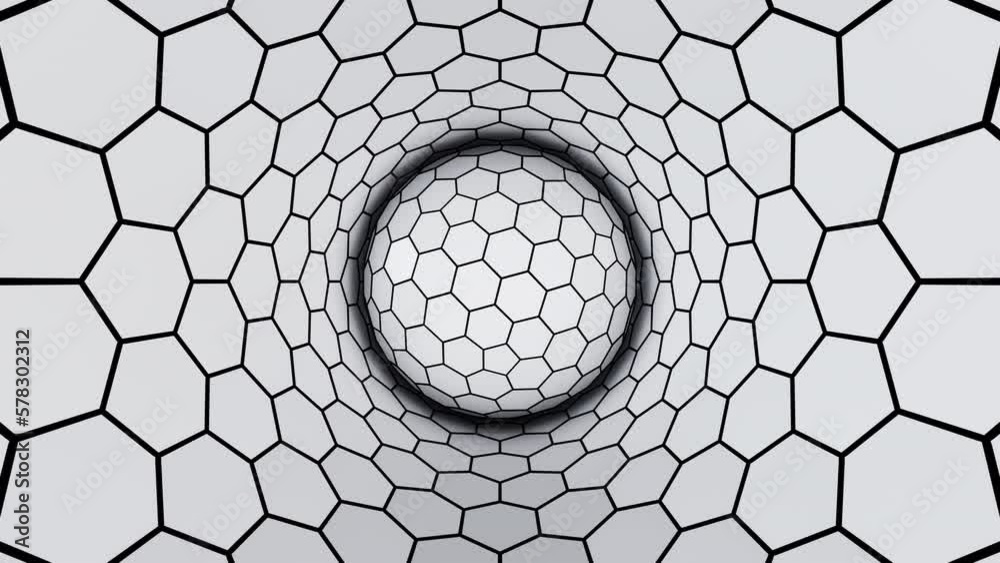 Rotating white hexagonal ball in tunnel optical illusion loop background