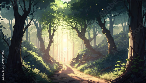 a calm and peaceful forest illustration, generative ai technology © Sternfahrer