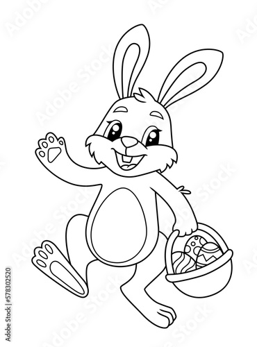 Easter Bunny holding basket with Easter eggs. Black and white vector illustration for coloring book © alka5051