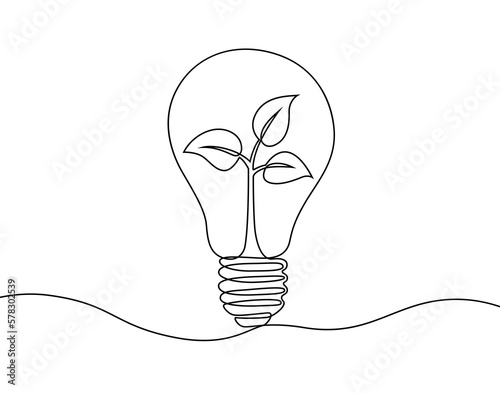 Continuous drawing line art of light bulb with plant. Concept green energy. Hand drawn one line vector illustration © alka5051