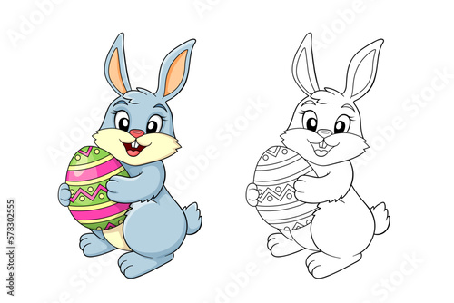 Easter Bunny with Easter egg. Black and white vector illustration for coloring book with example in color © alka5051