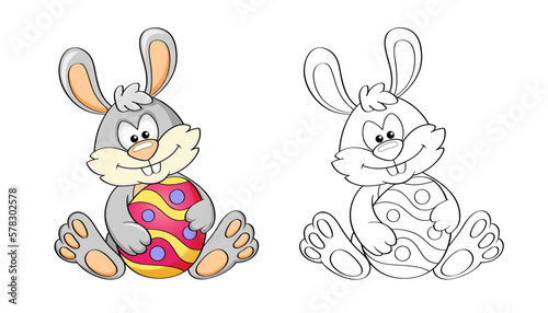 Easter Bunny with Easter egg. Black and white vector illustration for coloring book with example in color