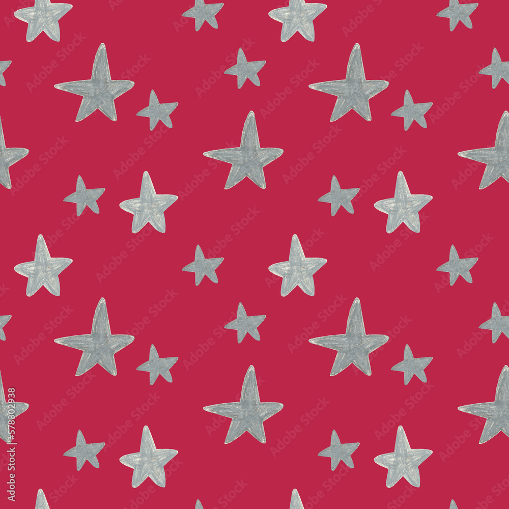 Hand drawn silver stars pattern on Viva Magenta background. For fabric, sketchbook, wallpaper, wrapping paper.