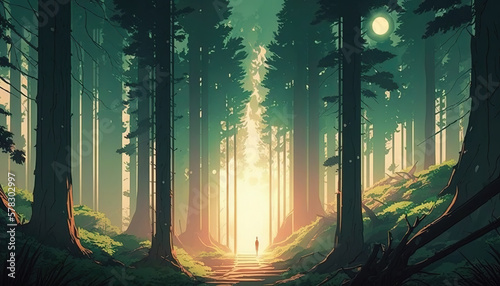a wonderful and peaceful dusk scene of a forest  anime manga art  generative ai technology