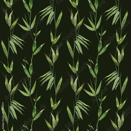 Twigs with bamboo leaves on a green background. Watercolor illustration. Seamless pattern from the BAMBOO collection. For decoration and design of fabric, textiles, wallpaper, paper, packaging