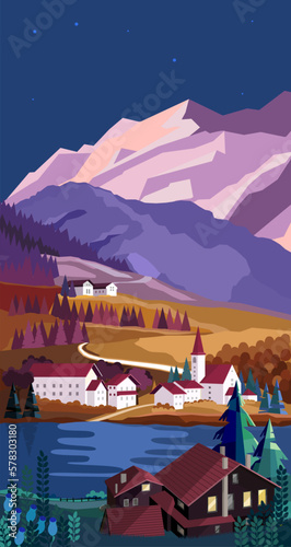 Mountain valley landscape at sunset with house and lake in the foreground. Vector illustration