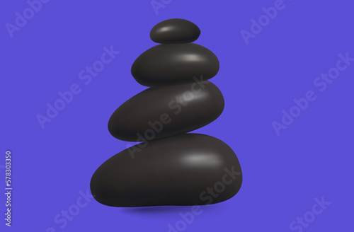 Stone balance 3d. Harmony and spirituality, relaxation and health therapy, environment. Stable precise pyramid, perfect pebble construction. Life balance concept, meditation. Vector illustration.