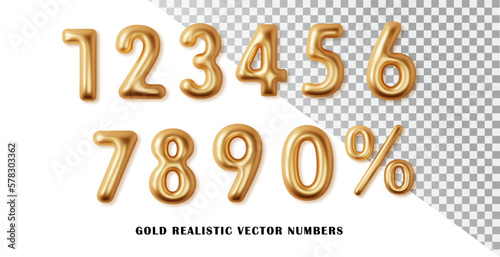 Golden numbers percentage notation with set 3d realistic. Metal golden number. Decoration for Price off tag, banner, cover, birthday or anniversary party invitation design.