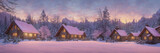 Generative AI, Beautiful dreamy snowy scenery of houses near lakes in the golden hour. Trees covered in snow with atmospheric light with light clouds.