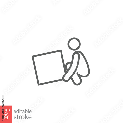Lifting weights icon. Simple outline style for web template and app. Lift, man carry heavy box, delivery boy. Thin line vector illustration design isolated on white background. Editable stroke EPS 10.