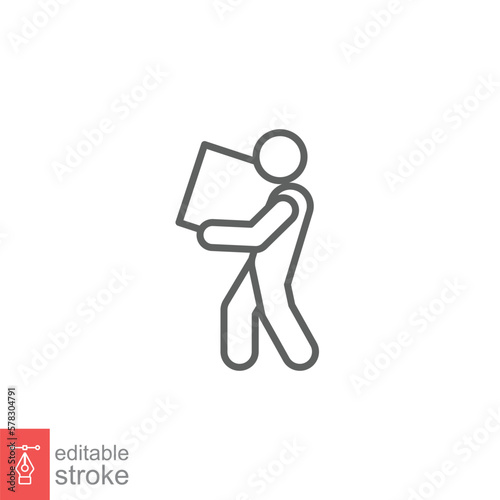 Lifting weights icon. Simple outline style for web template and app. Lift, man carry heavy box, delivery boy. Thin line vector illustration design isolated on white background. Editable stroke EPS 10.