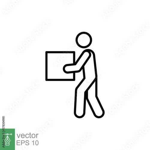 Lifting weights icon. Simple outline style for web template and app. Lift, man carry heavy box, delivery boy. Thin line vector illustration design isolated on white background. EPS 10.
