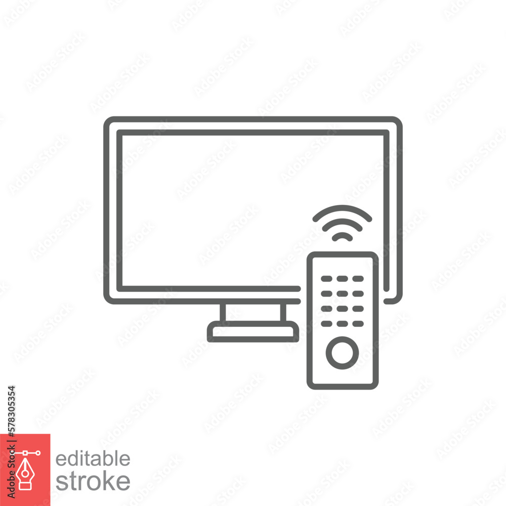 TV and remote icon. Simple outline style for web template and app. Television, control, channel, technology concept. Thin line vector illustration design on white background. Editable stroke EPS 10. TV and remote icon. Simple outline style for web template and app. Television, control, channel, technology concept. Thin line vector illustration design on white background. Editable stroke EPS 10.
