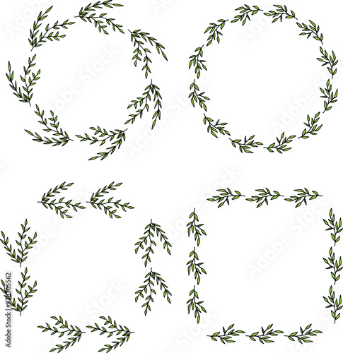 Set of frames with charming green branches on white background. Vector image.
