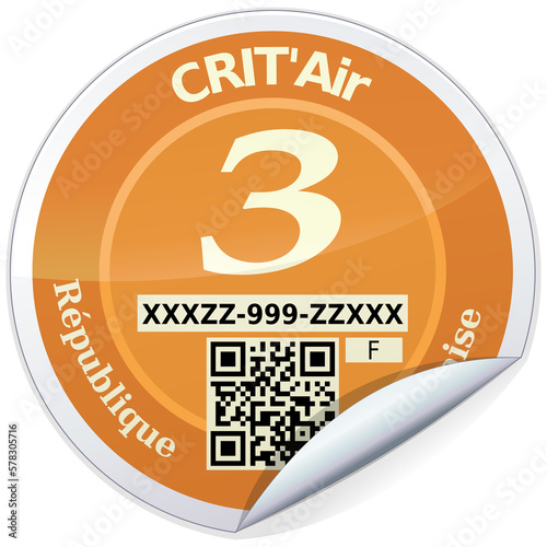 Rounded sticker of a category 3 orange crit'air label, classification of fine particle emissions from vehicles in France (isolated)