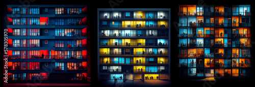 Night colorful windows lights of apartment building in city. AI generative.