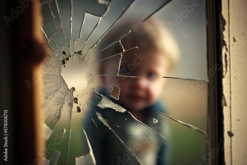 Junges Kind hat Fensterscheibe eingeschlagen und ist traurig und verängstigt, ai generativ photo