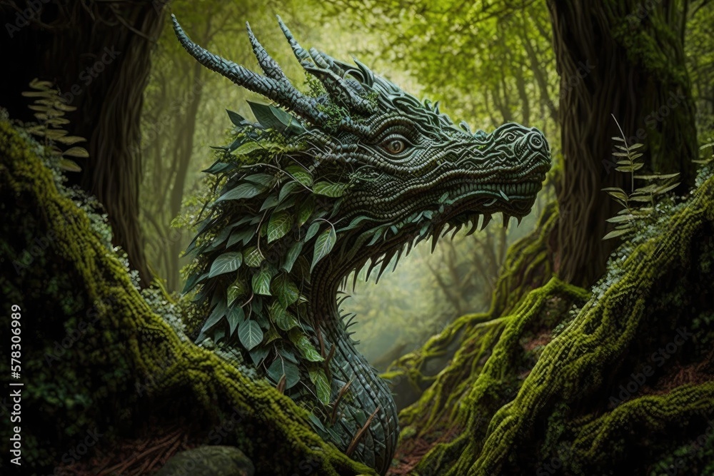 head and neck of huge mystical forest dragon emerging from undergrowth, created with generative