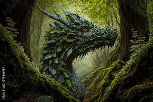 Foto head and neck of huge mystical forest dragon emerging from undergrowth, created