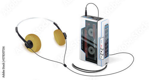 Cassette player with headphones vector illustration. 80s technology. Portable audio cassette player. 90s music. Retro style 90s illustration.