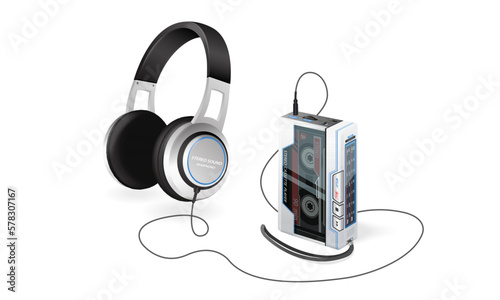 Cassette player with headphones vector illustration. 80s technology. Portable audio cassette player. 90s music. Retro style 90s illustration.