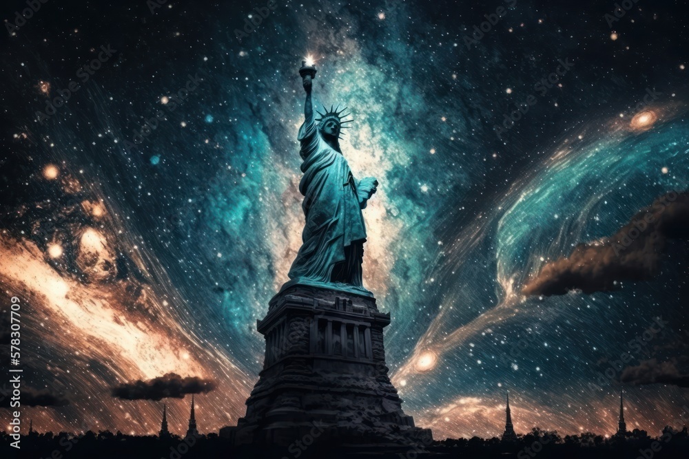 Big statue is at night time. Starry sky, milky way. Abstract picture in the style of post-impressionism. Generative AI Big statue is at night time. Starry sky, milky way. Abstract picture in the style of post-impressionism. Generative AI