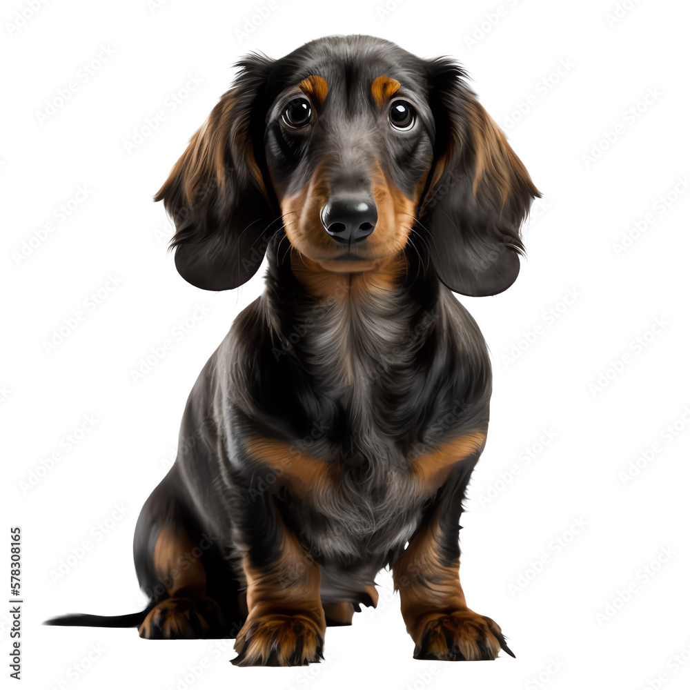A striking black Dachshund, sitting tall and proud in isolation. Close-up, front view. Generative AI