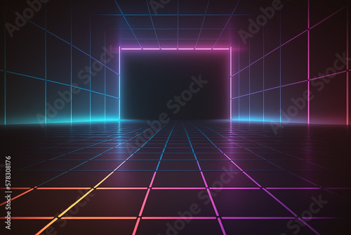 Neon Light Retro Background Futuristic Grid Landscape of the 80s, Digital Cyber Surface. Created with Generative AI Technology