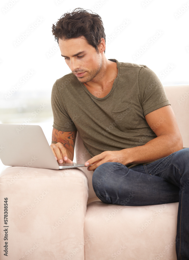 Surfing the net. A handsome young man surfing the net on his laptop at home. Surfing the net. A handsome young man surfing the net on his laptop at home.