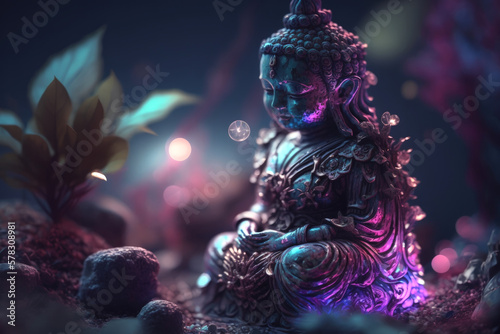 Meditation: Meditating Buddha statue in a calm night atmosphere | Generative AI Production