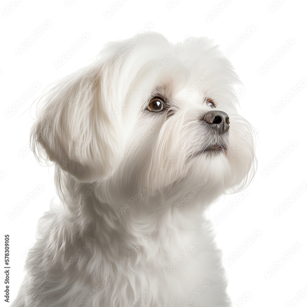 Close-up Portrait of white Maltese dog looking up. Generative AI