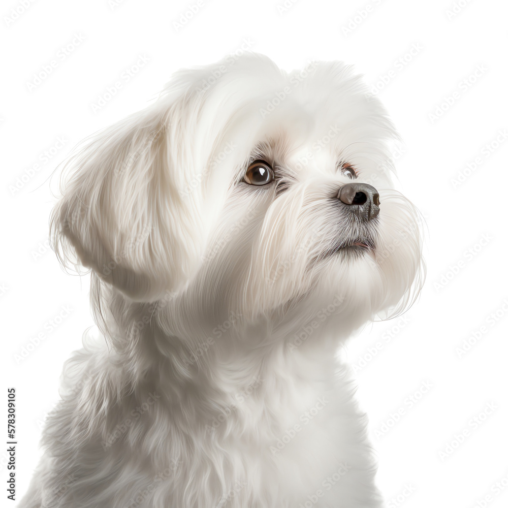 Close-up Portrait of white Maltese dog looking up. Generative AI Close-up Portrait of white Maltese dog looking up. Generative AI
