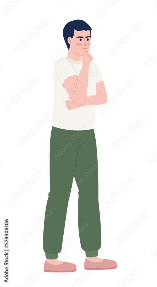 Frowning man standing in thinking pose semi flat color vector character. Editable figure. Full body person on white. Simple cartoon style spot illustration for web graphic design and animation