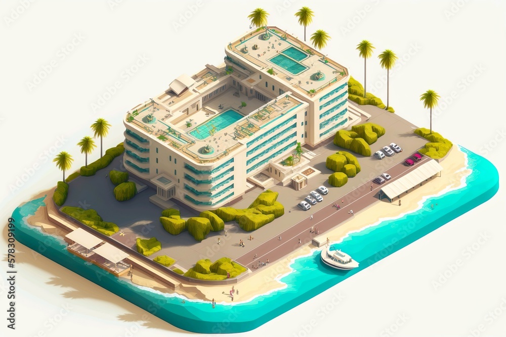 Clear Seas and Summer Sun at an Isometric Beach Hotel on the sea. ai generated. Clear Seas and Summer Sun at an Isometric Beach Hotel on the sea. ai generated.