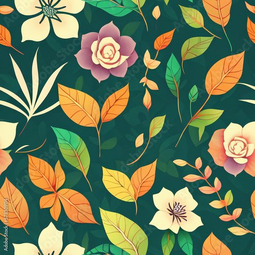 Botanical Floral Seamless Pattern Tile Spring Background With Flowers And Leaves, Generative AI