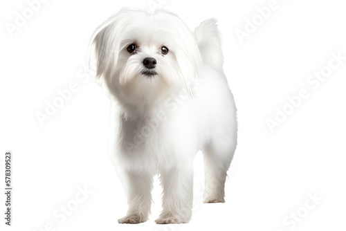 A portrait of a Maltese dog standing and looking directly into the camera in a front view. White fur. Generative AI