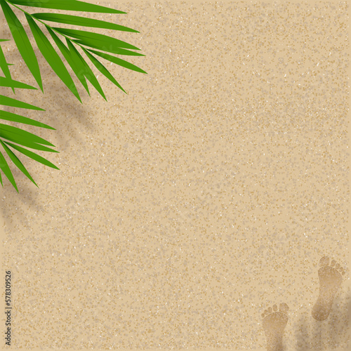 Sandy Beach Texture background with Coconut Palm leaves shadow and Footprints,Vector horizon Backdrop background with barefoot and tropical leaf silhouette on Brown Beach sand dune for Summer beach