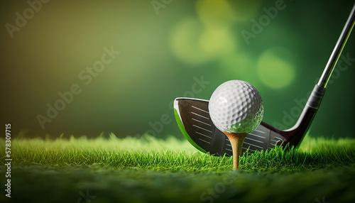 Photographie golf ball on tee and golf club, generative ai