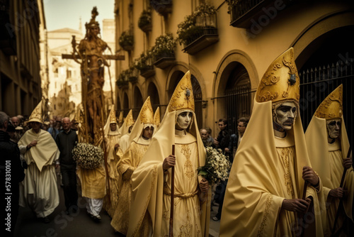 procession with penitents with masks in easter celebration in spain. generative ai
