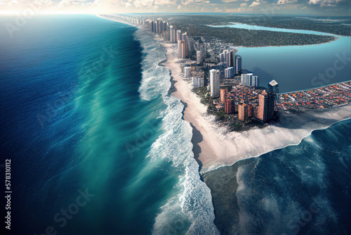 waves hitting coast and beach near houses due to global warming and sea level rise. generative ai photo