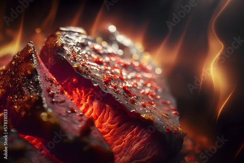 Roasting meat on hot coals. Meat with spices and sauce. Baked meat. Delicious dish. Artistic blur. Generative AI technology.