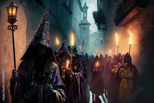 procession with penitents with masks in easter celebration in spain. generative ai photo