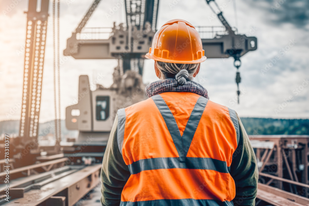 A close-up of a determined woman on an industrial job site wearing safety equipment. AI generative A close-up of a determined woman on an industrial job site wearing safety equipment. AI generative
