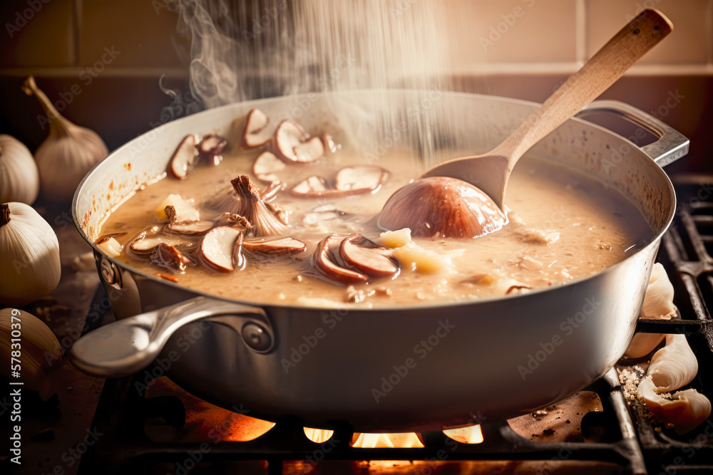 pot of mushroom sauce simmering on the stove in a cozy kitchen. The