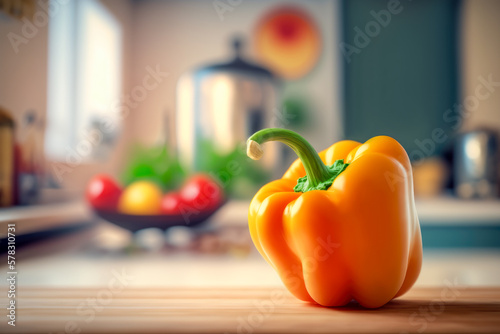 Delicious and tasty sweet pepper on a wooden table in kitchen. AI generative