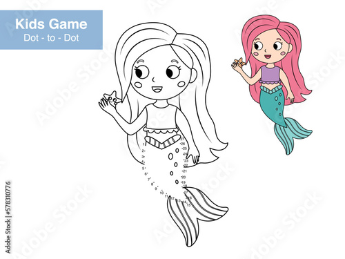 Dot to dot educational game for children. Cute cartoon mermaid. Numbers game. Activity worksheet for kids. Connect the dots and color. Vector illustration.