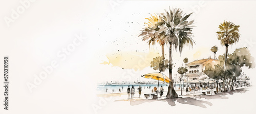 beach vacation, watercolor illustration, banner size, generative Ai #578310958