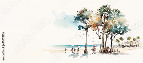 beach vacation, watercolor illustration, banner size, generative Ai #578311138