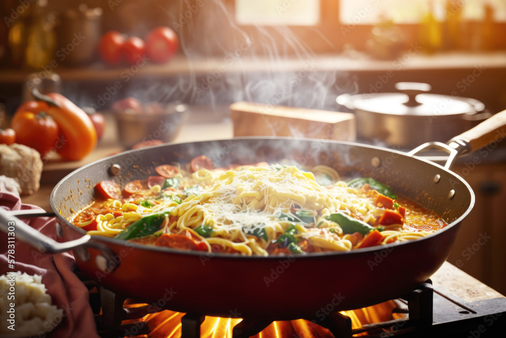 bubbling pan of al dente linguine pasta smothered in a creamy cheese sauce, steaming in a home kitchen. AI generative bubbling pan of al dente linguine pasta smothered in a creamy cheese sauce, steaming in a home kitchen. AI generative