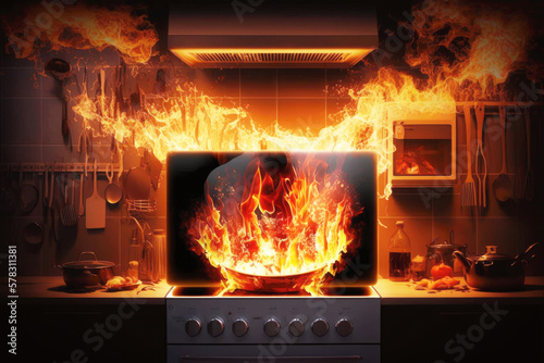 Fire engulfs a kitchen as a blaze rages out-of-control, filling the space with billowing smoke and intense heat. AI generative